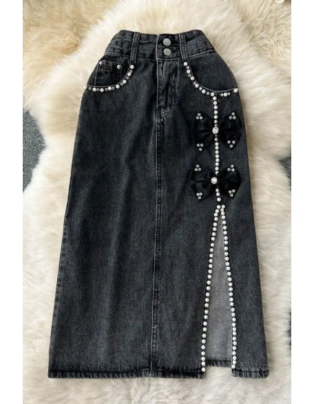 Good Quality Denim Skirts Women Fashion Bows Decoration Split Jeans Skirts Chic Lady Bottoms