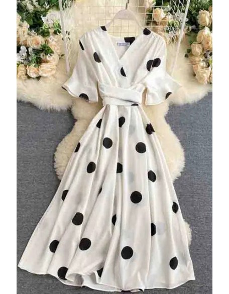 Big Polka Dot Print V Neck Bandage Dress Casual Midi Party Dress Women Elegant Big Swing Dress