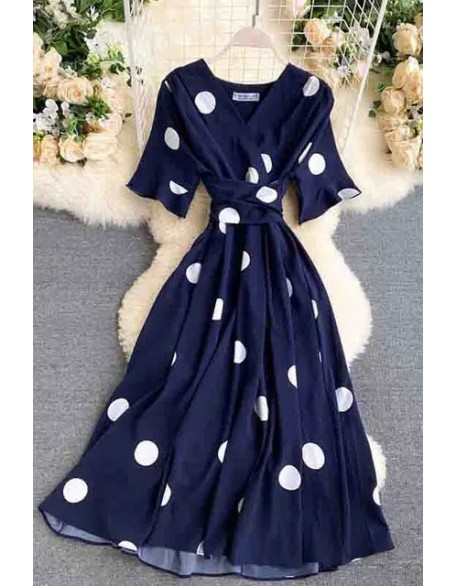 Big Polka Dot Print V Neck Bandage Dress Casual Midi Party Dress Women Elegant Big Swing Dress