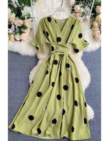 Big Polka Dot Print V Neck Bandage Dress Casual Midi Party Dress Women Elegant Big Swing Dress