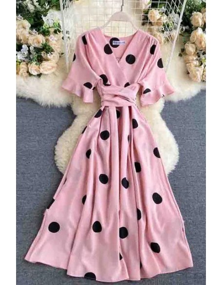 Big Polka Dot Print V Neck Bandage Dress Casual Midi Party Dress Women Elegant Big Swing Dress