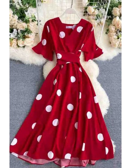 Big Polka Dot Print V Neck Bandage Dress Casual Midi Party Dress Women Elegant Big Swing Dress