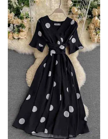 Big Polka Dot Print V Neck Bandage Dress Casual Midi Party Dress Women Elegant Big Swing Dress