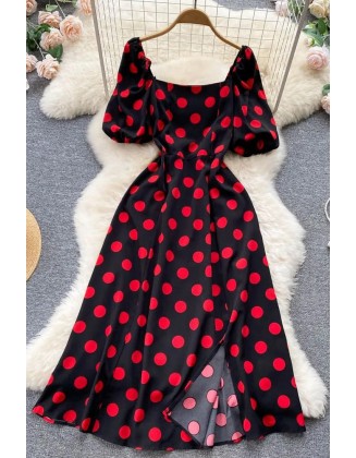 Big Polka Dot Long Women Dress Elegant Puff Sleeve Split Big Hem Dress