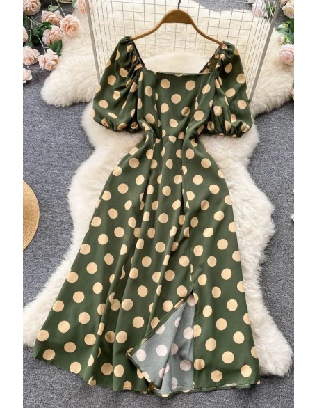 Big Polka Dot Long Women Dress Elegant Puff Sleeve Split Big Hem Dress