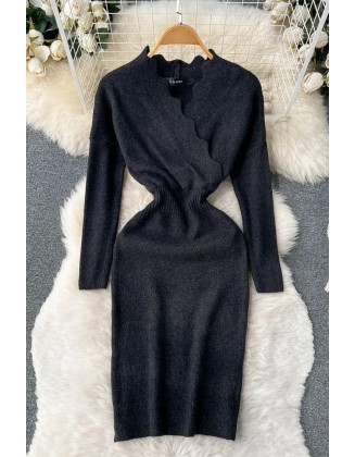 Cross V-neck Elegant Knit Sweater Dress Women Elastic Waist Long Sleeve Ladies Dress