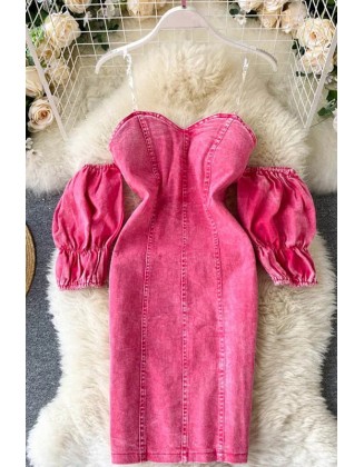 Fashion Off Shoulder Sexy Denim Dress Women Slim High Waist Mini Pink Dress Sundress Ladies Party Dress