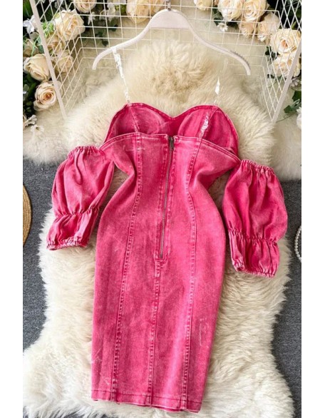 Fashion Off Shoulder Sexy Denim Dress Women Slim High Waist Mini Pink Dress Sundress Ladies Party Dress