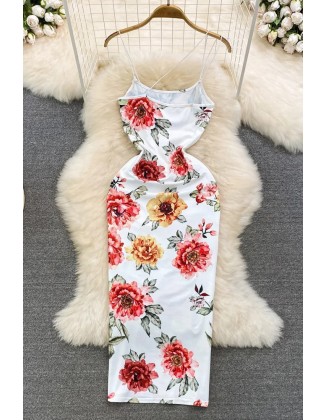 Fashion Women Flower Print Long Dress Strap Bodycon Party Dress Holiday Package Hips Beach Vestidos Dress