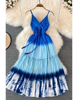 Fashion Tie Dye Print Long Dress Women Elegant High Waist Backless Straps Beach Dress