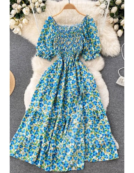 Fashion Print Floral Long Maxi Dress Fashion Ruffles Hem High Split Women Dress