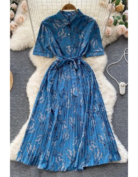 Elegant Dress Women Fashion Floral Print Pleated Long Dress