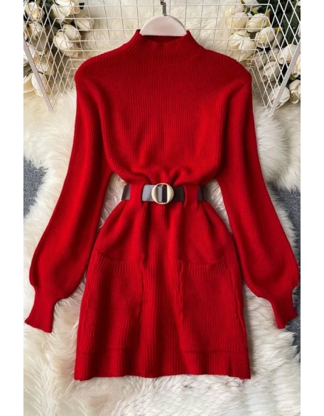 Fashion Sash Bandage Women Dress Elegant Puff Sleeve Knitted Short Dresses for Women Vestidos