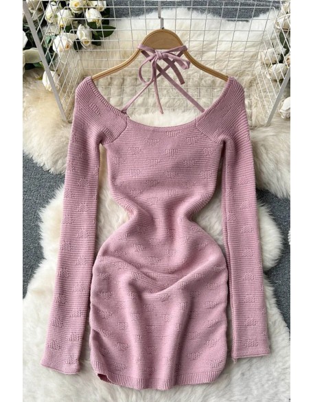 Bandage Bodycon Mini Dress Women Elegant Long Sleeve Knitted Sweater Dress