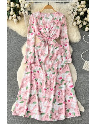 Fashion Floral Print Full Sleeve Long Dress Women Elegant High Waist A-line Party Vestidos Dress