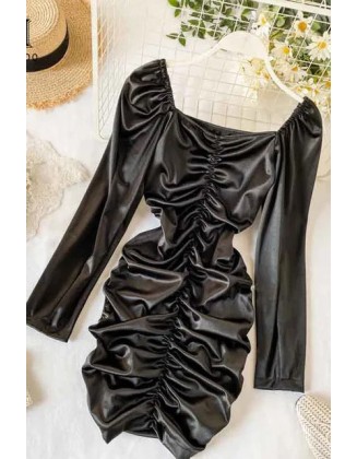 Fashion Satin Ruched Dress Women Sexy Mini Night Club Dress Style Long Sleeve Black Party Dress