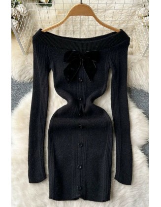 Fashion Women Bow Mini Dress Off Shoulders High Waist Knitted Bodycon Dress