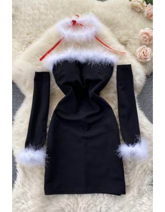 Fashion Style Sexy Uniform Furry Stitching Nightclub Off-Shoulder Backless Dress With Sleeves