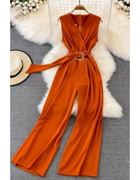 Women Elegant Office Long Wide Leg Pants With Belt Sleeveless Female Playsuits