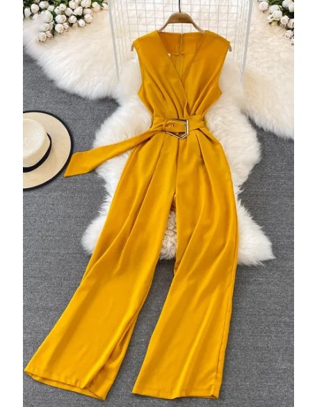 Women Elegant Office Long Wide Leg Pants With Belt Sleeveless Female Playsuits