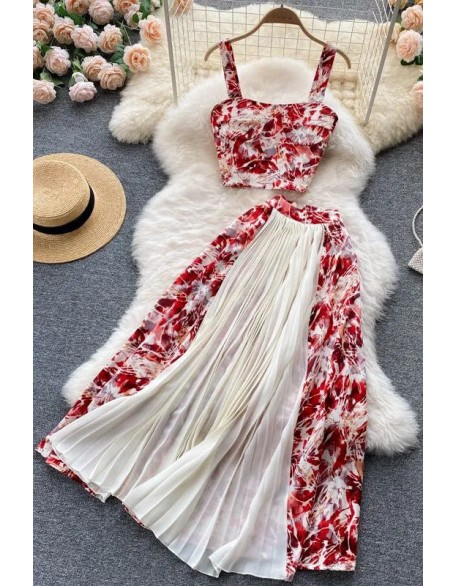 Women Dress Set Fashion Floral Print Pleated Long Skirts + Straps Short Tops Vacation Two Piece Suits