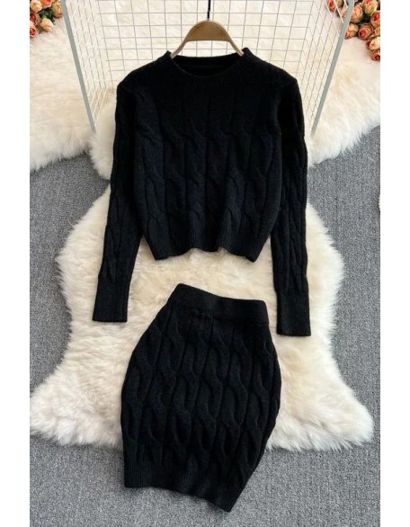 Women Dress Set Fashion Long Sleeve Knitted Tops + Slim Mini Skirts Two Piece Suits