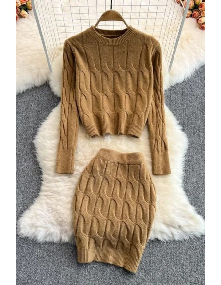 Women Dress Set Fashion Long Sleeve Knitted Tops + Slim Mini Skirts Two Piece Suits