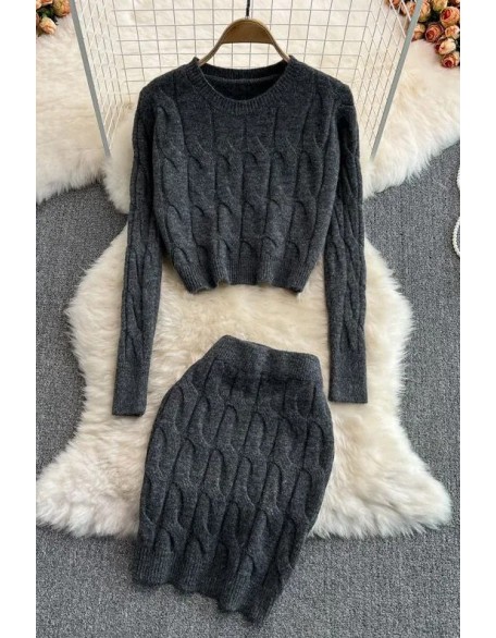 Women Dress Set Fashion Long Sleeve Knitted Tops + Slim Mini Skirts Two Piece Suits