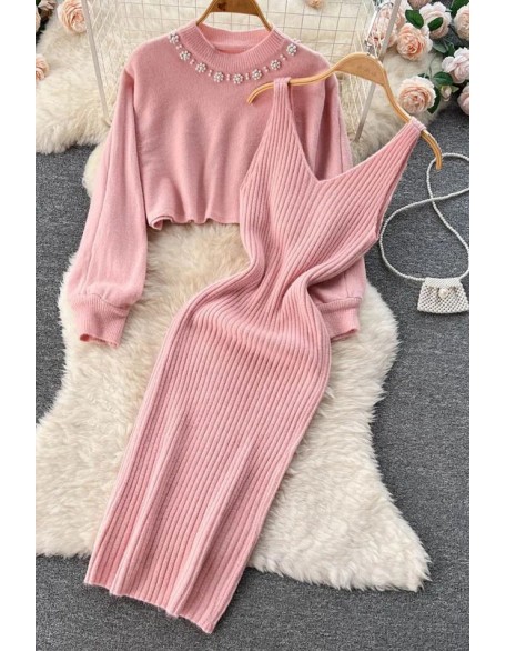 Women Dress Set Elegant Pearl O-neck Knitted Sweaters + Strap Dress Two Piece Suits