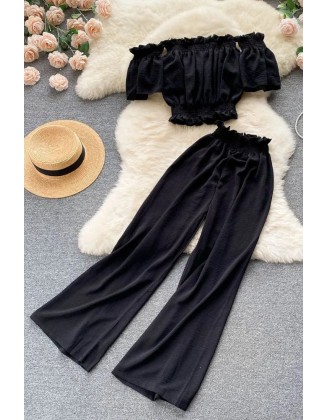 Fashion Beach Two Piece Set Women Off Shoulder Slim Waist Crop Tops + Casual Loose Wide Leg Pants Lady Holiday Suits