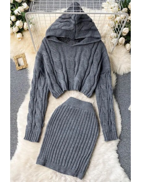 Women Dress Set Fashion Hooded Sweaters Tops + Skinny High Waist Mini Skirts Two PCS Suits