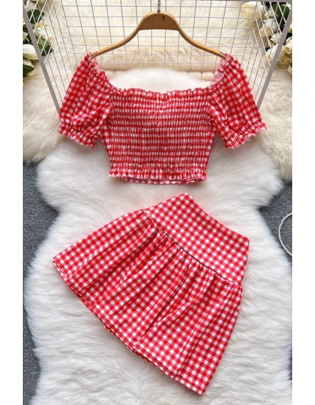 Women Dress Set Sweet Bow Plaid Crop Tops + Slim High Waist Mini Skirts Fashion Two Piece Suits