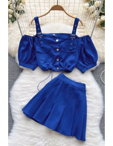 Women Dress Set Fashion Off Shoulder Straps Short Tops + Pleated Mini Skirts Two Piece Suits