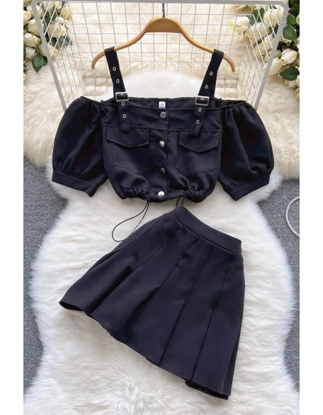 Women Dress Set Fashion Off Shoulder Straps Short Tops + Pleated Mini Skirts Two Piece Suits