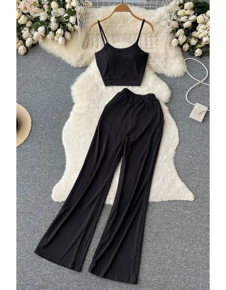 Women Two Piece Sets Casual All Match Straps Tops + High Waist Long Pants