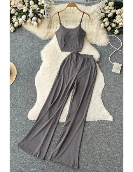 Women Two Piece Sets Casual All Match Straps Tops + High Waist Long Pants