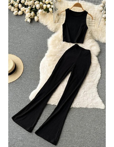 Women Two Piece Set Chic Sleeveless Crop Tops and Long Flare Pants Female Suits