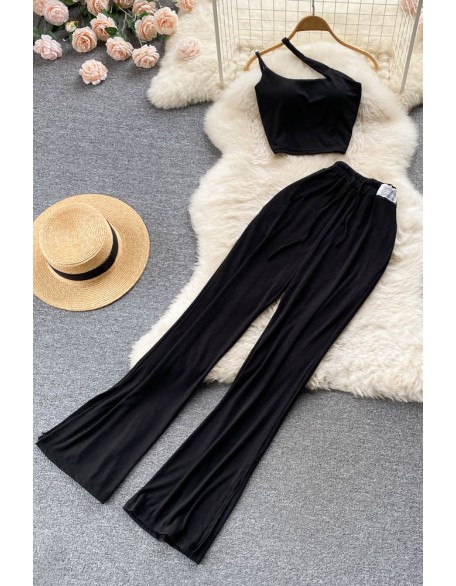 Women Dress Set Fashion Crop Tops + High Waist Bandage Long Pants Beach Two Piece Suits