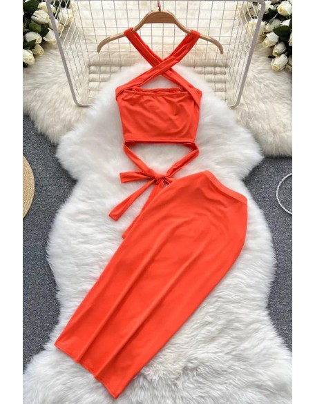 Holiday Beach Two Piece Suits Women Dress Set Bandage Short Tops + Skinny High Waist Wrap Skirts