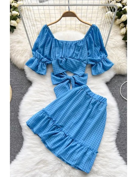 Women Dress Set Fashion Bow Bandage Crop Tops + Elastic High Waist A-line Mini Skirts Two Piece Suis