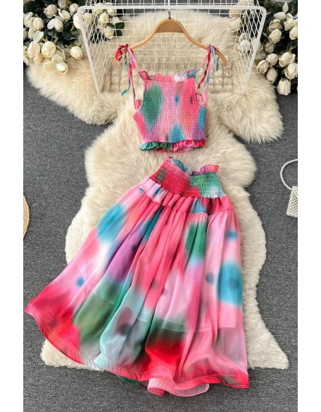 Women Dress Set Fashion Tie Dye Print Short Strap Cami Tops + High Waist Skirts Beach Two Piece Suits