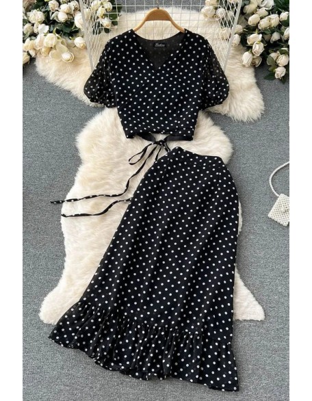 Women Dress Set Polka Dot Bandage Crop Tops + High Waist Ruffle Skirts Female Two Piece