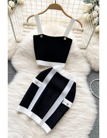 Fashion Knitting Two Piece Sets Women Dress Straps Crop Tops + High Waist Wrap Hips Mini Skirts