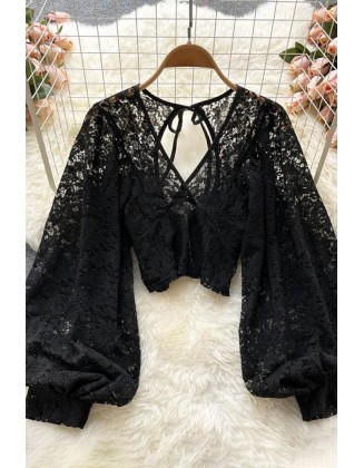 Backless Lace Shirt Hollow Out Transparent Short Blouse Women Elegant Crop Tops