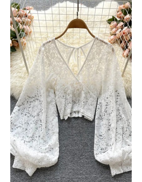 Backless Lace Shirt Hollow Out Transparent Short Blouse Women Elegant Crop Tops