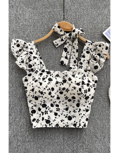 Floral Strap Tops Women Square Neck Bow Ruffles Short Camisole Fashion Flower Ladies Elastic Waist Top