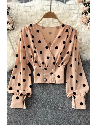 Women Polka Dot Shirts Vintage Double Breasted Long Sleeve Slim Tops