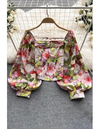 Fashion Floral Print Blouse Women Square Neck Long Lantern Sleeves Design Chic Top Ladies Beach Vintage Blouse