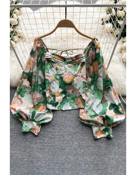 Fashion Floral Print Blouse Women Square Neck Long Lantern Sleeves Design Chic Top Ladies Beach Vintage Blouse