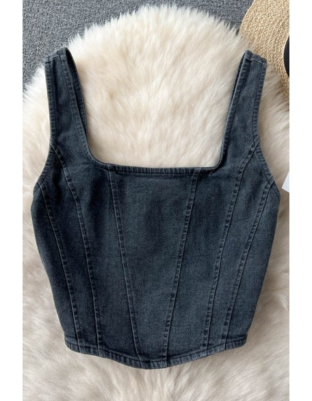 Denim Design Women Camisole Square Neck Zipper High Street Fashion Ladies Tank Top